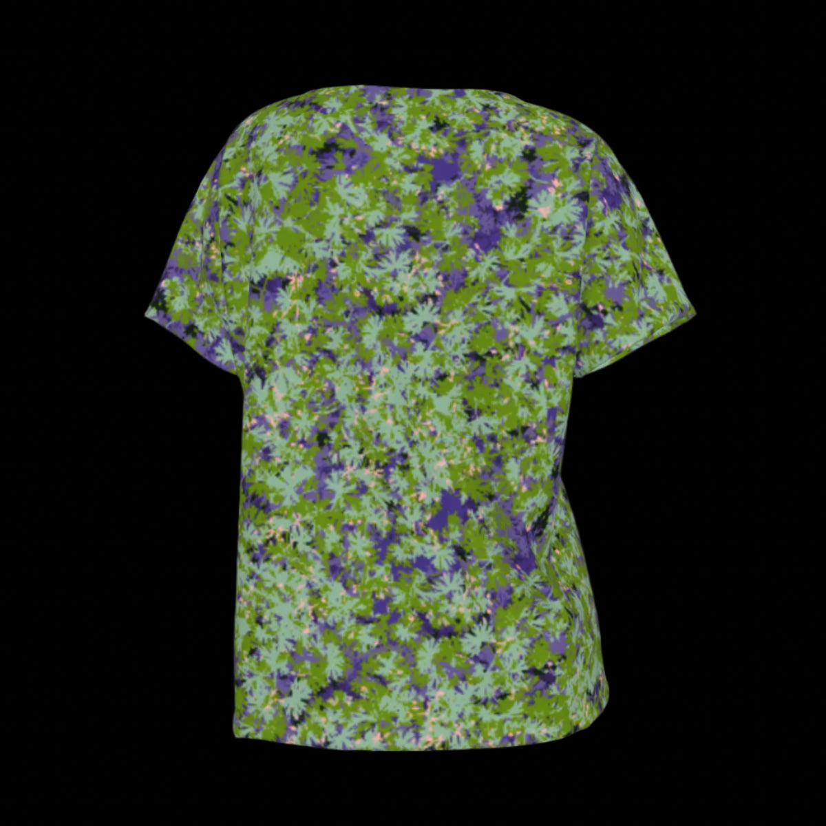 Back of green floral patterned V-Neck T-shirt on a black background
