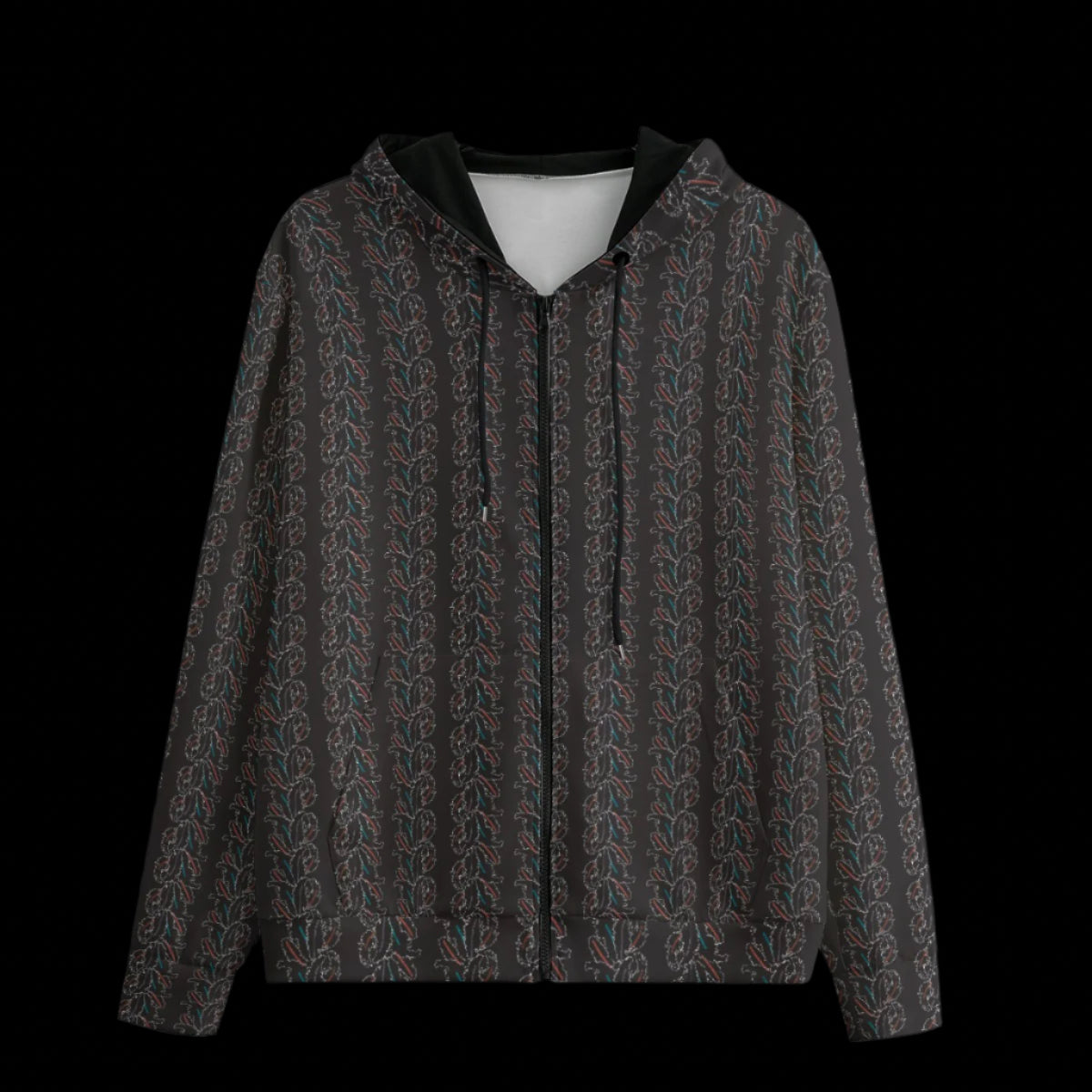 Front of patterned hoodie on a black background