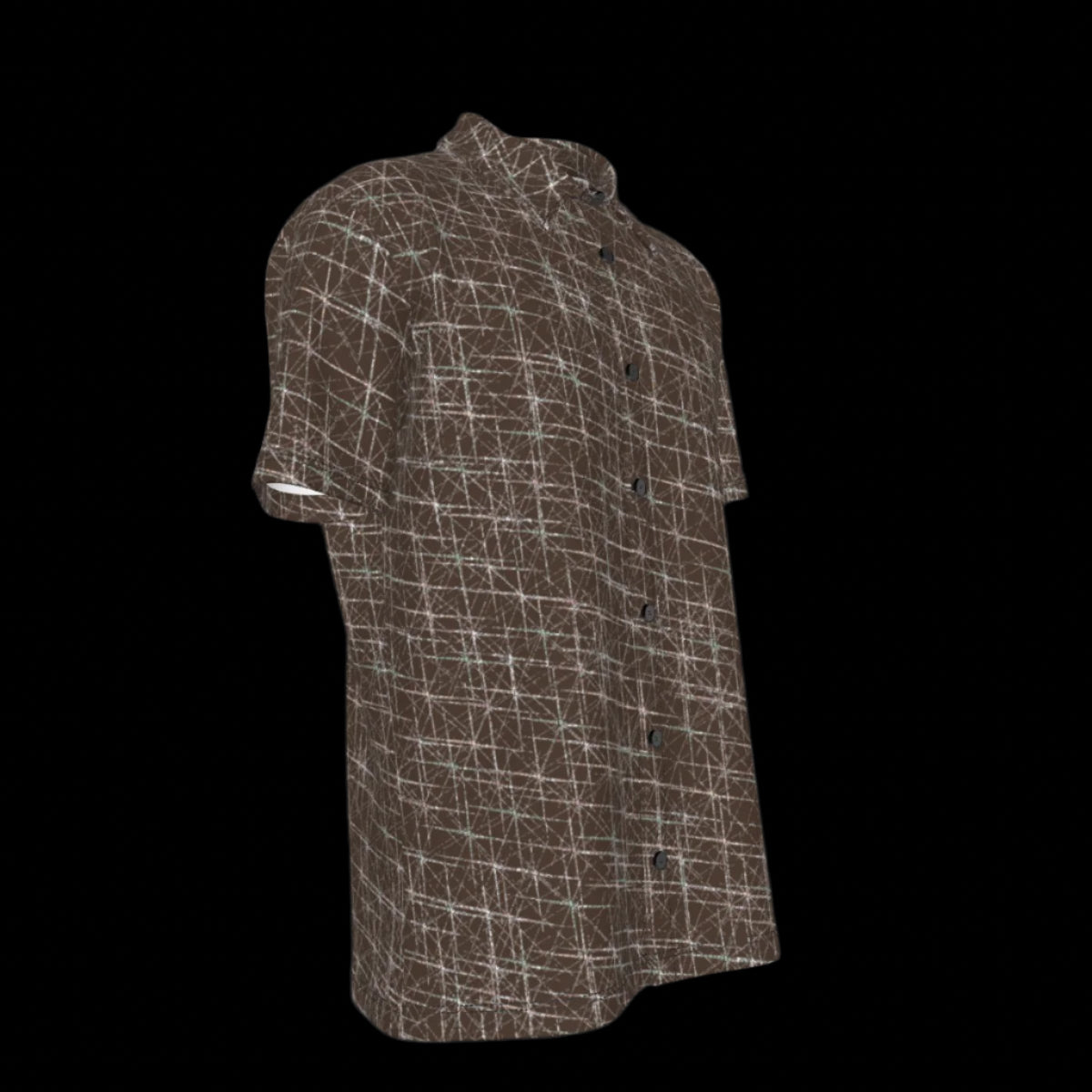 Right side of brown patterned button down short sleeve shirt on a black background