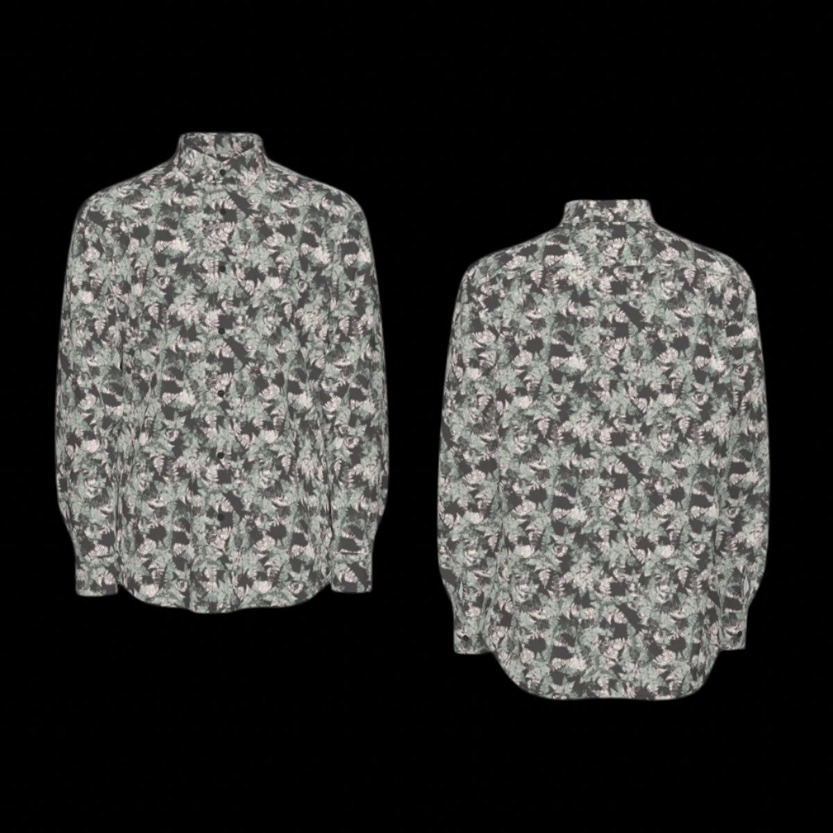 Front and back of floral patterned long sleeve shirt on a black background