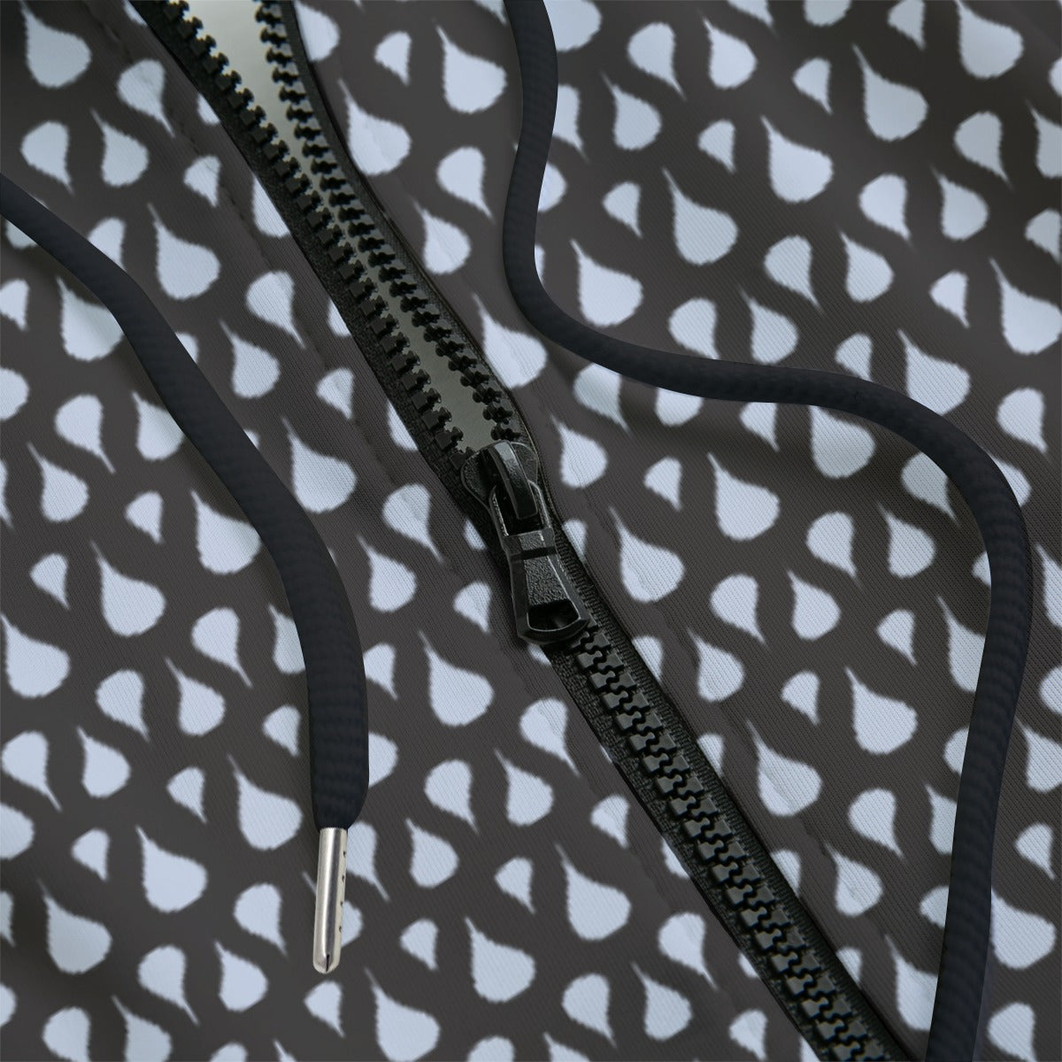 Black zipper hoodie with a gray and blue design