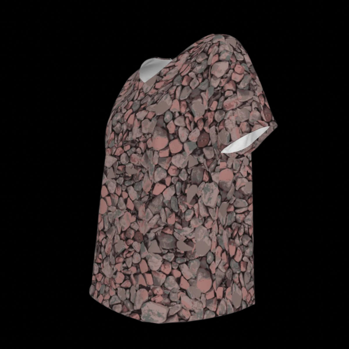 Left side of short-sleeve V-Neck T-shirt with a pink and brown pattern on a black background