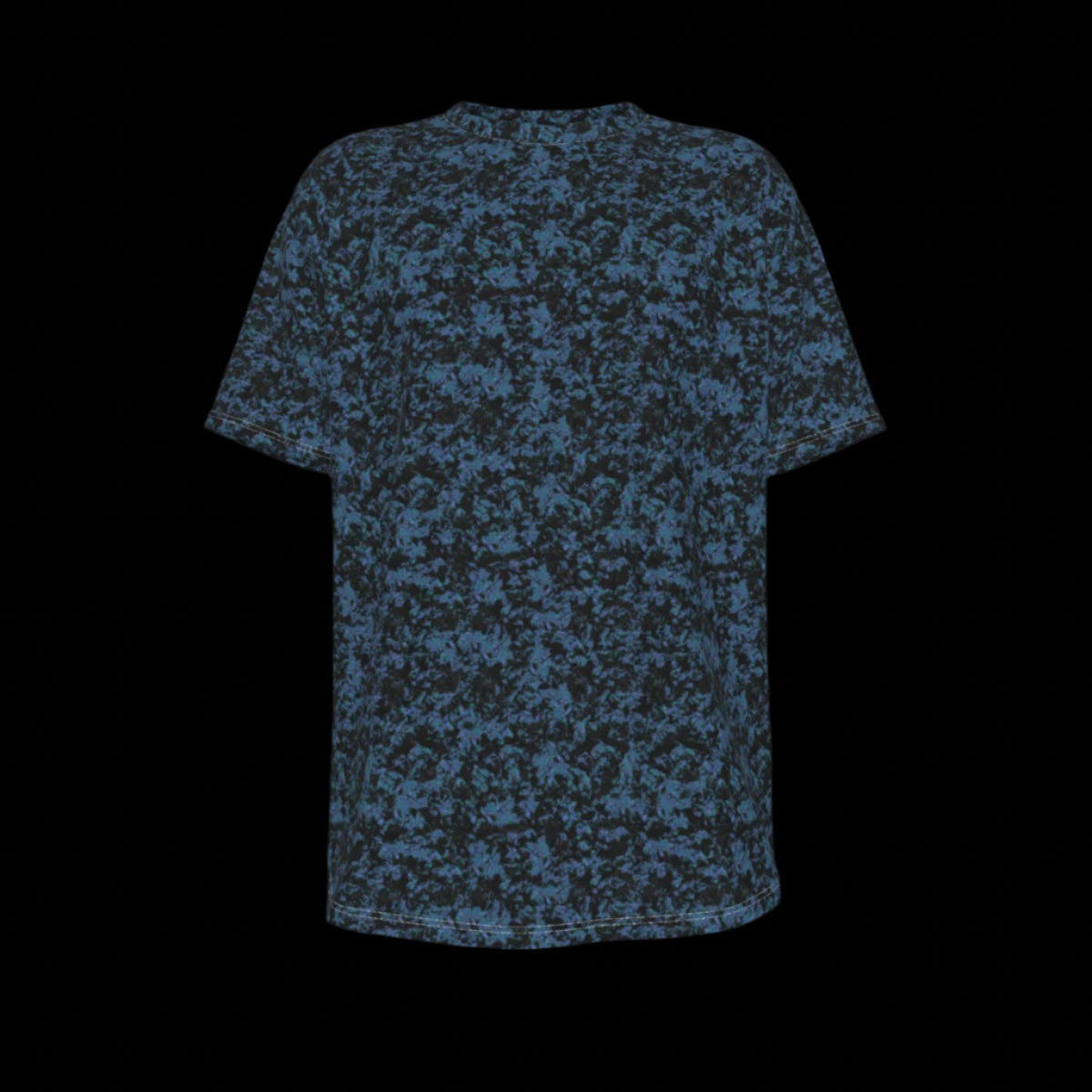 Front of blue camouflage-patterned t-shirt on a black background