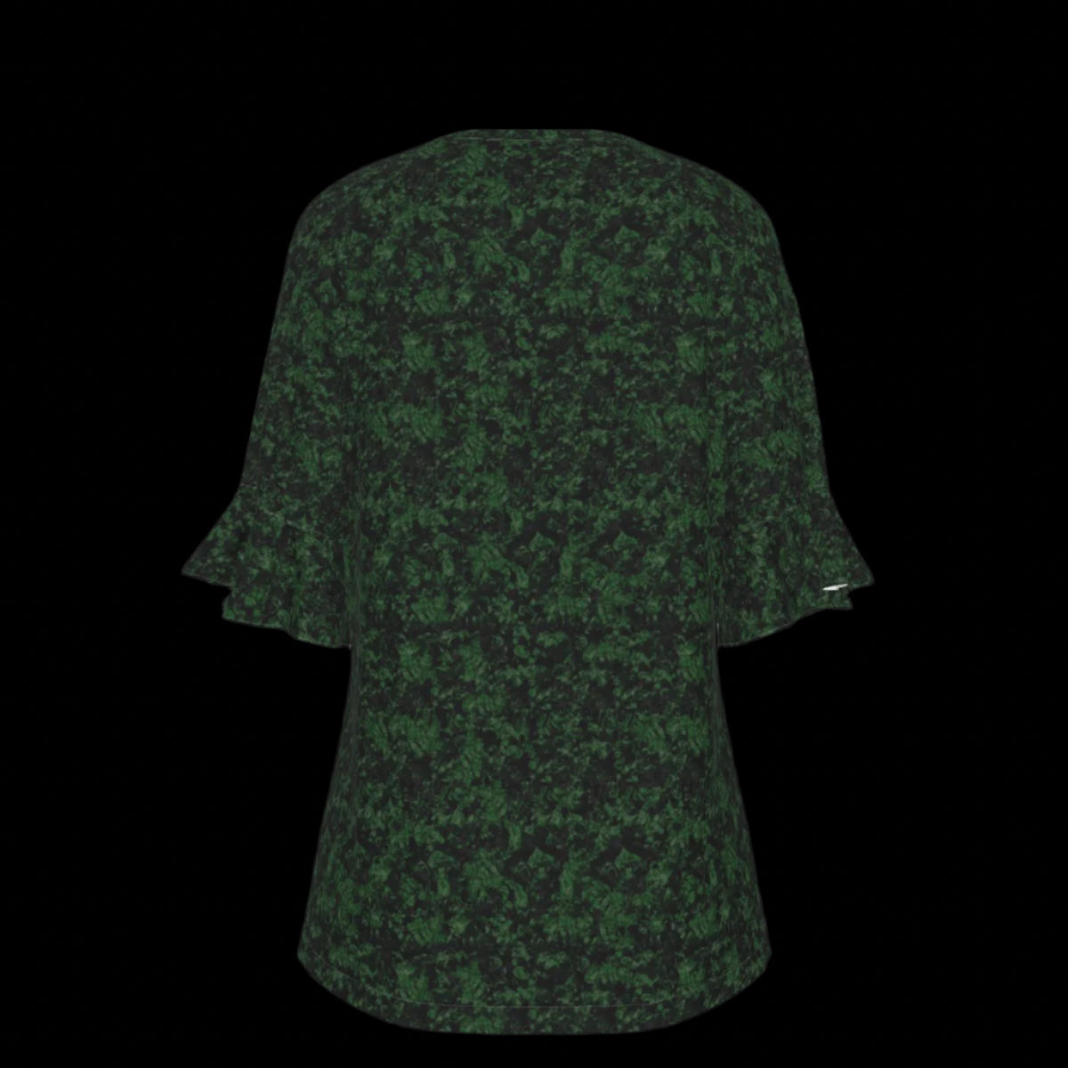 Back of green patterned blouse on a black background