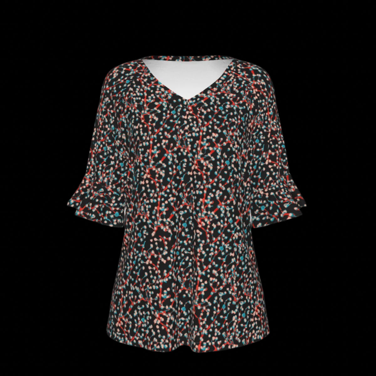Front of floral patterned blouse on a black background
