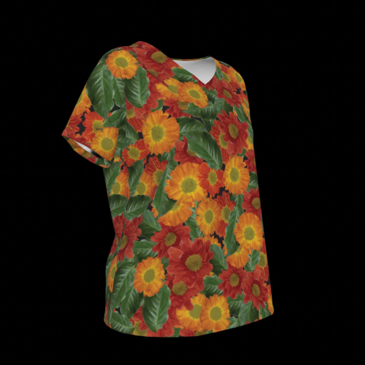 Right of colorful floral-patterned V-Neck T-shirt on a black background
