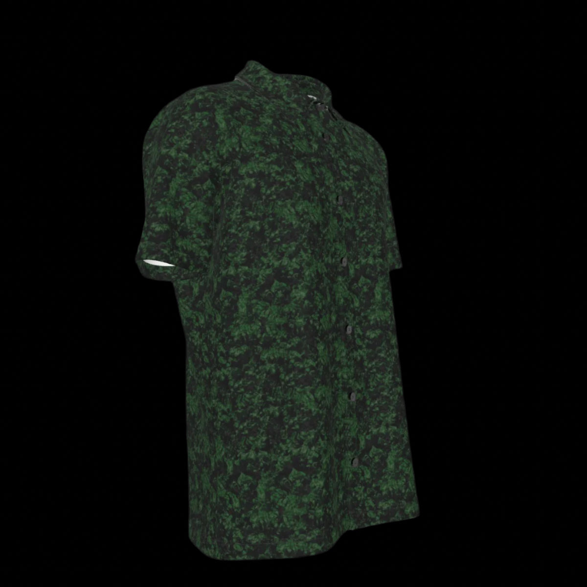 Right side of a green camouflage patterned button down short sleeve shirt on a black background