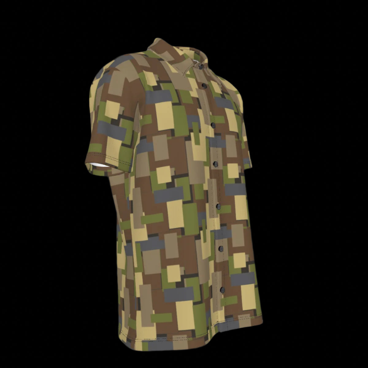 Right side of short-sleeve button down short sleeve shirt with a geometric pattern on a black background