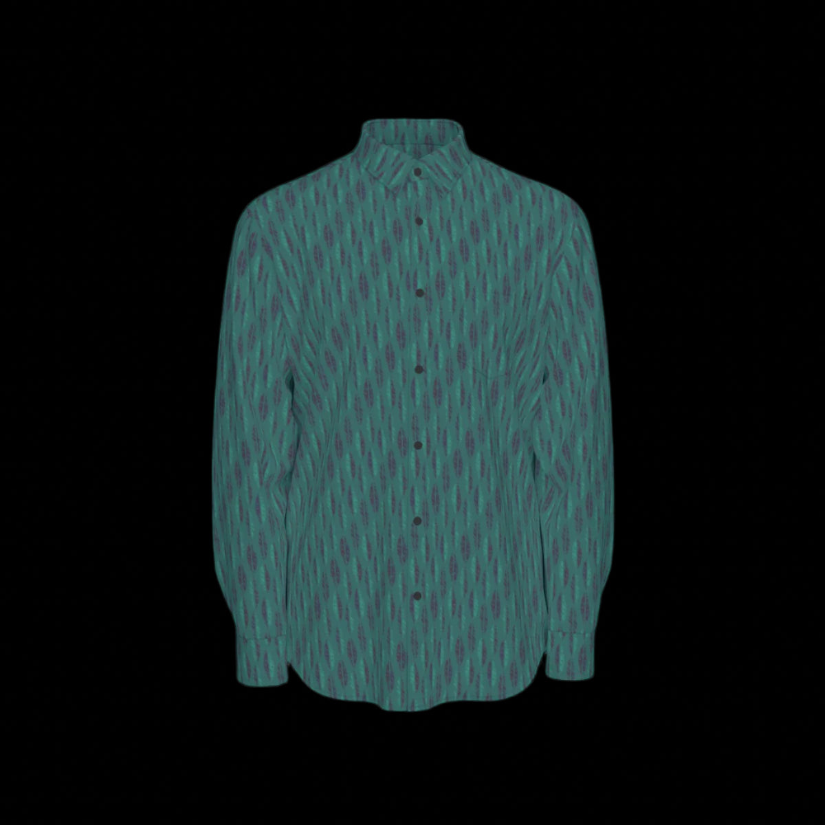 Front of green patterned long-sleeved shirt on a black background