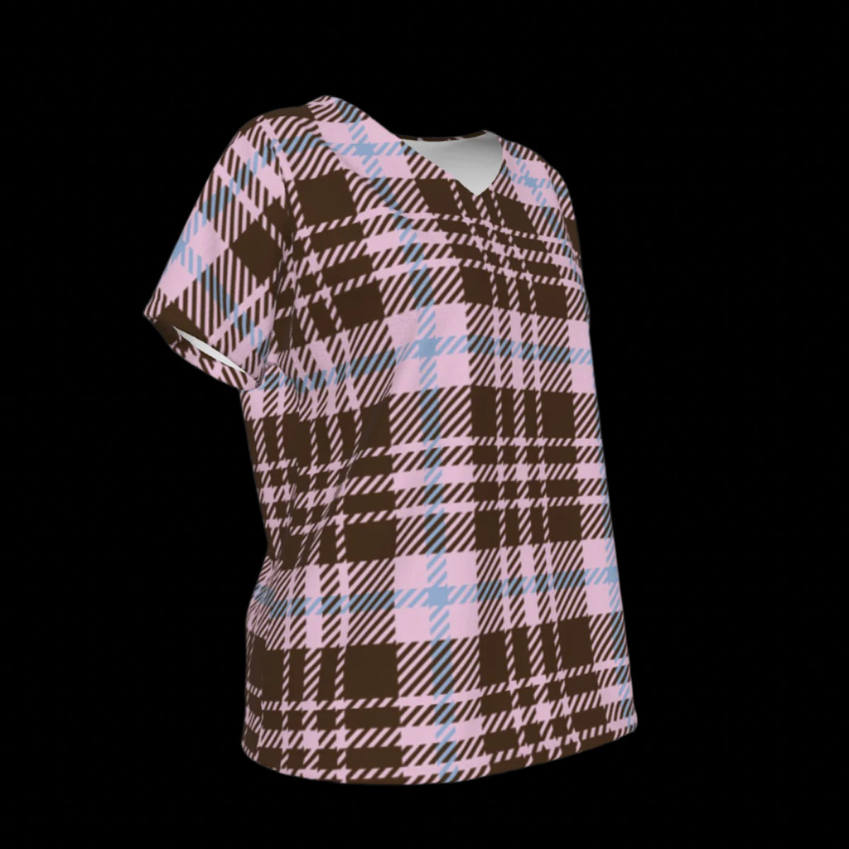 Right side of plaid patterned top on a black background