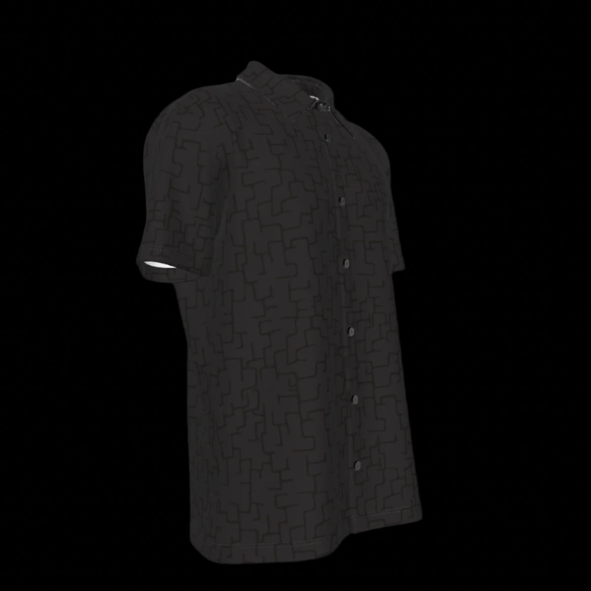 Right side of black short-sleeve button-down shirt with a subtle pattern on a black background