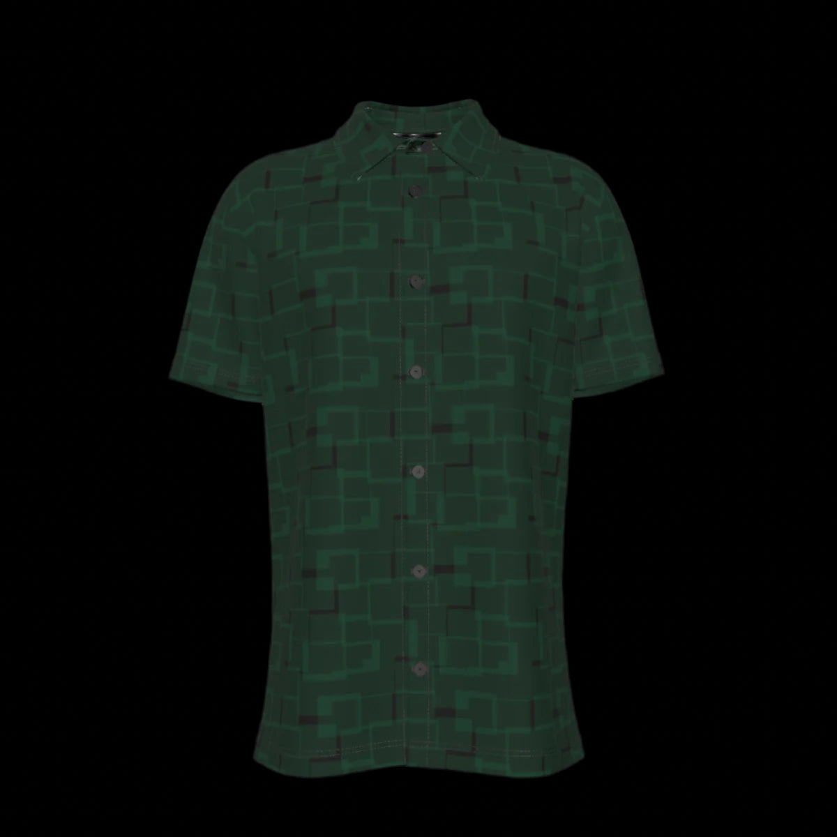 Front of a green pattern button down short-sleeved shirt on a black background
