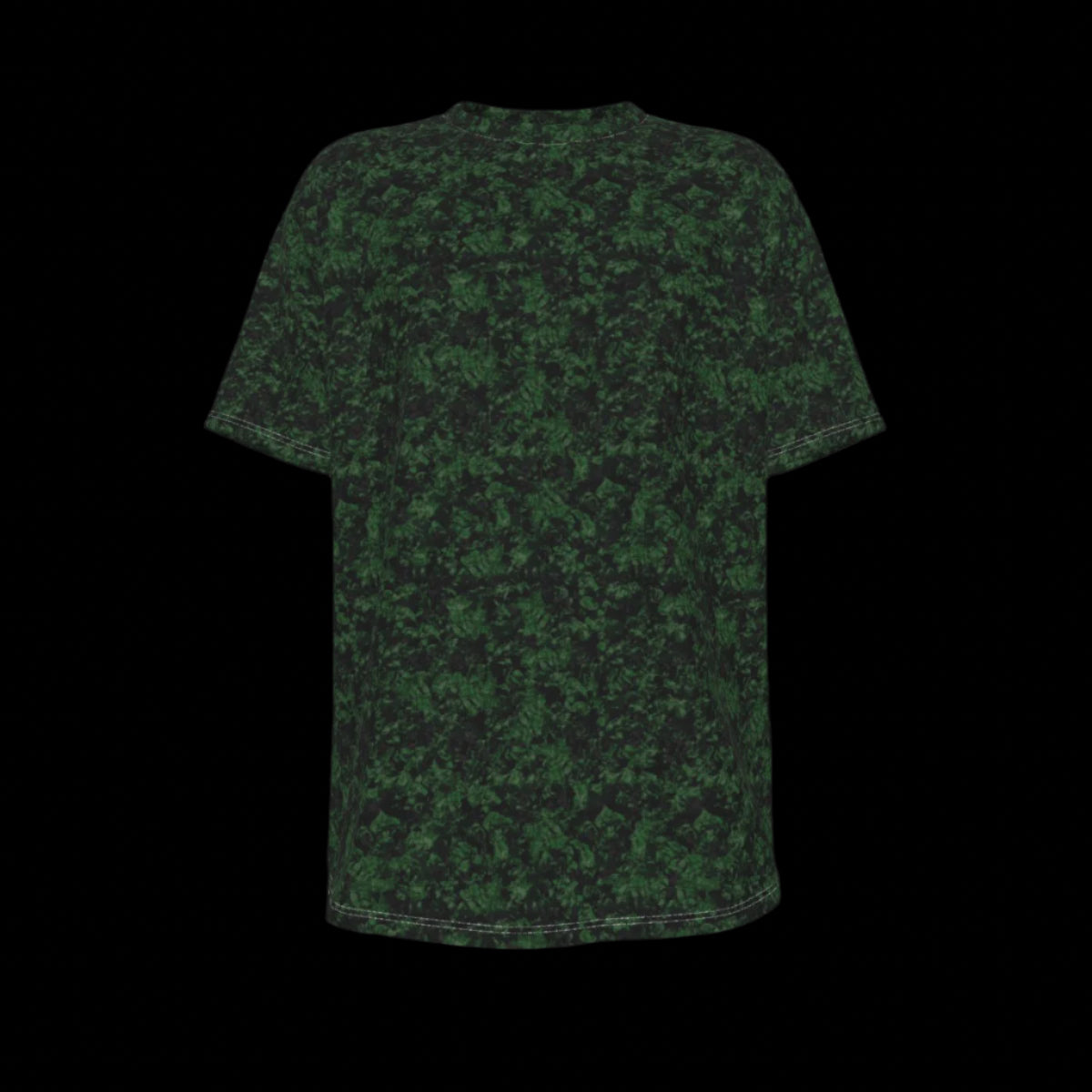 Front of green camouflage-patterned t-shirt on a black background