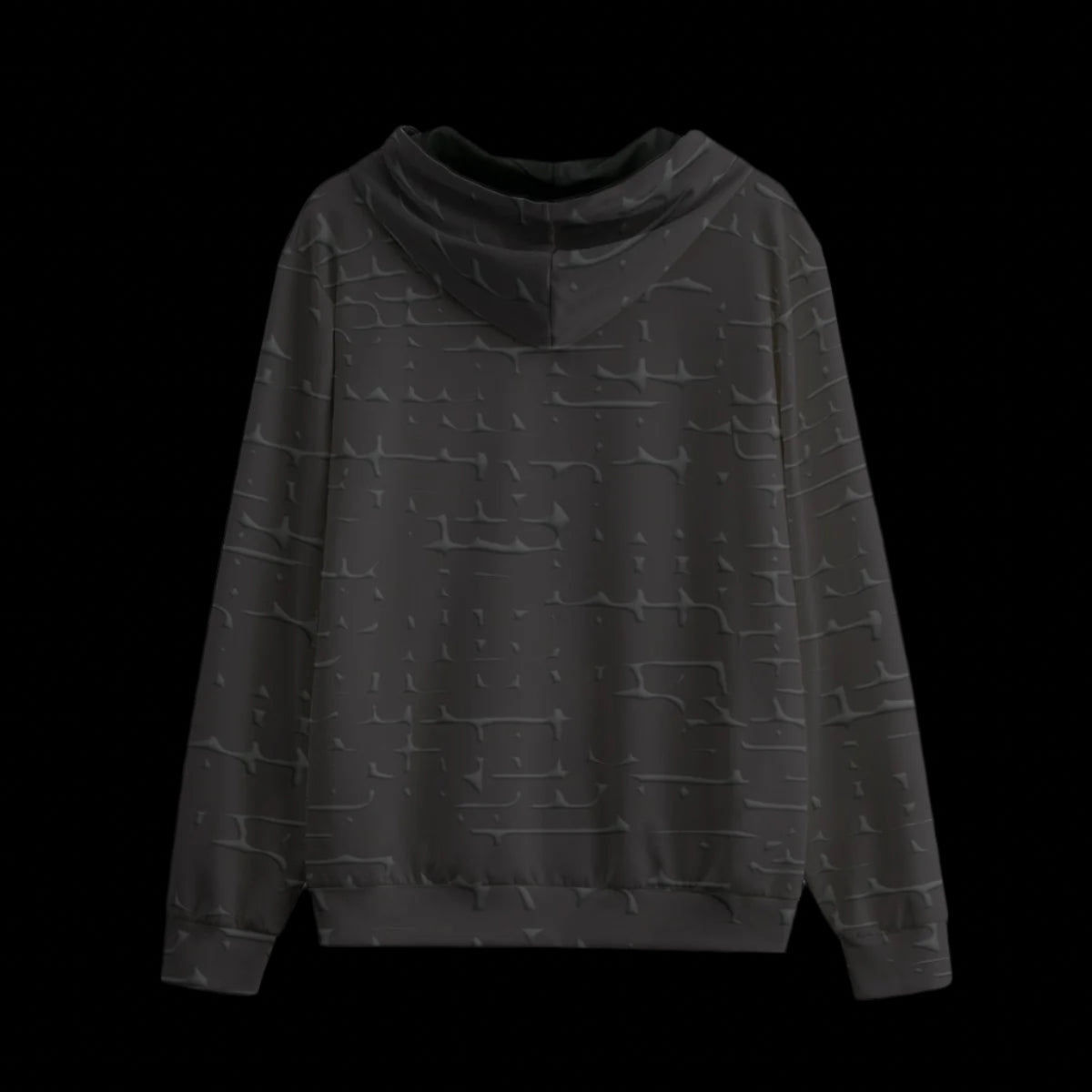 Back of a black zipper hoodie on a black background