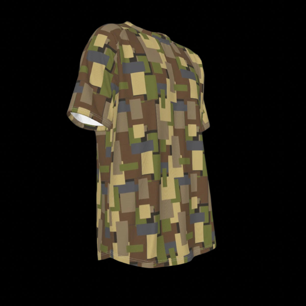 Right side of Camouflage patterned t-shirt on a black background