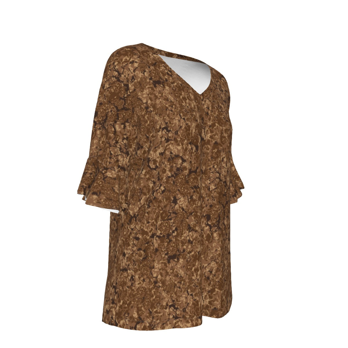 Women’s V-neck T-Shirt with Bell Sleeve / Brown Flower
