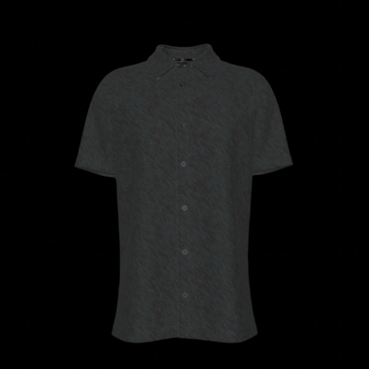 Front of a black button down short-sleeve shirt on a black background