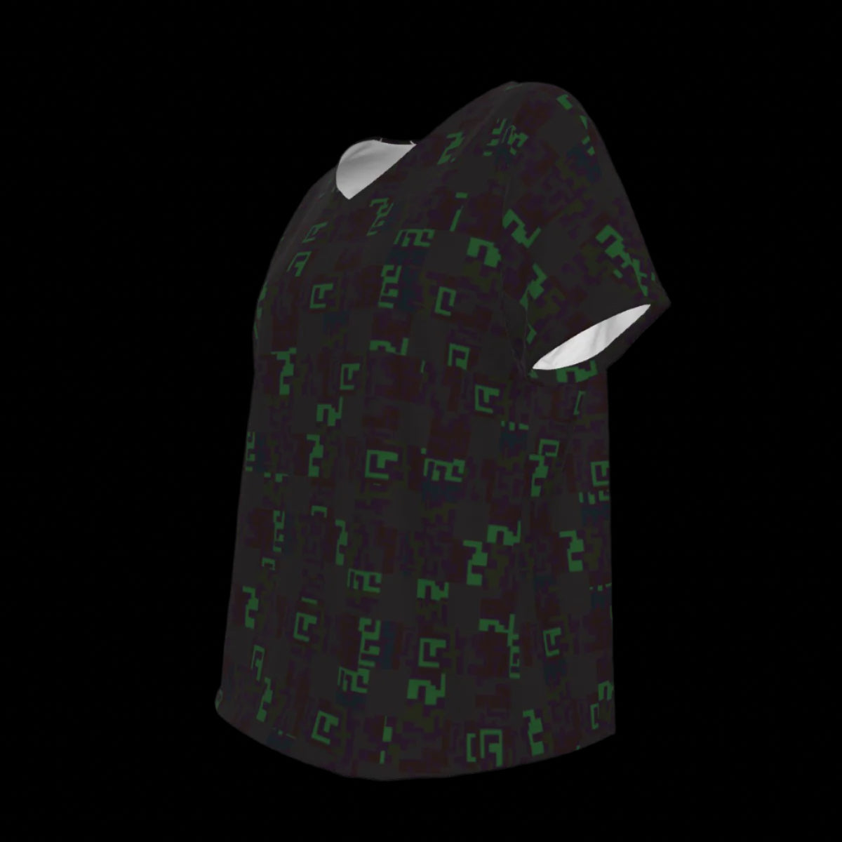Left side of black V-Neck t-shirt with green geometric pattern on a black background