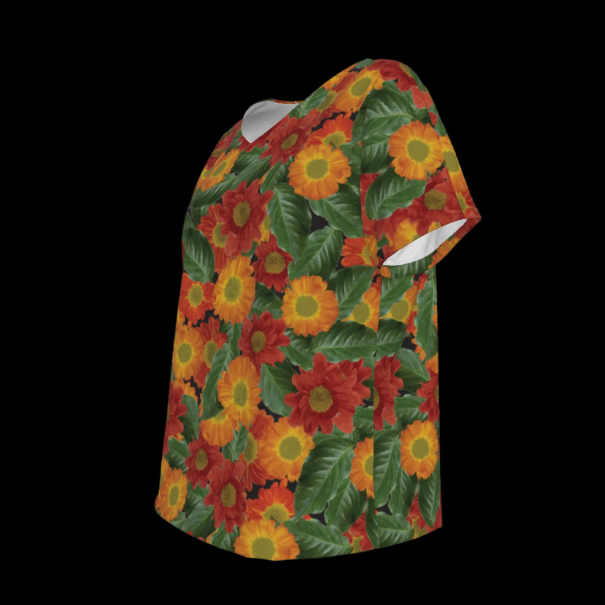 Left of colorful floral-patterned V-Neck T-shirt on a black background