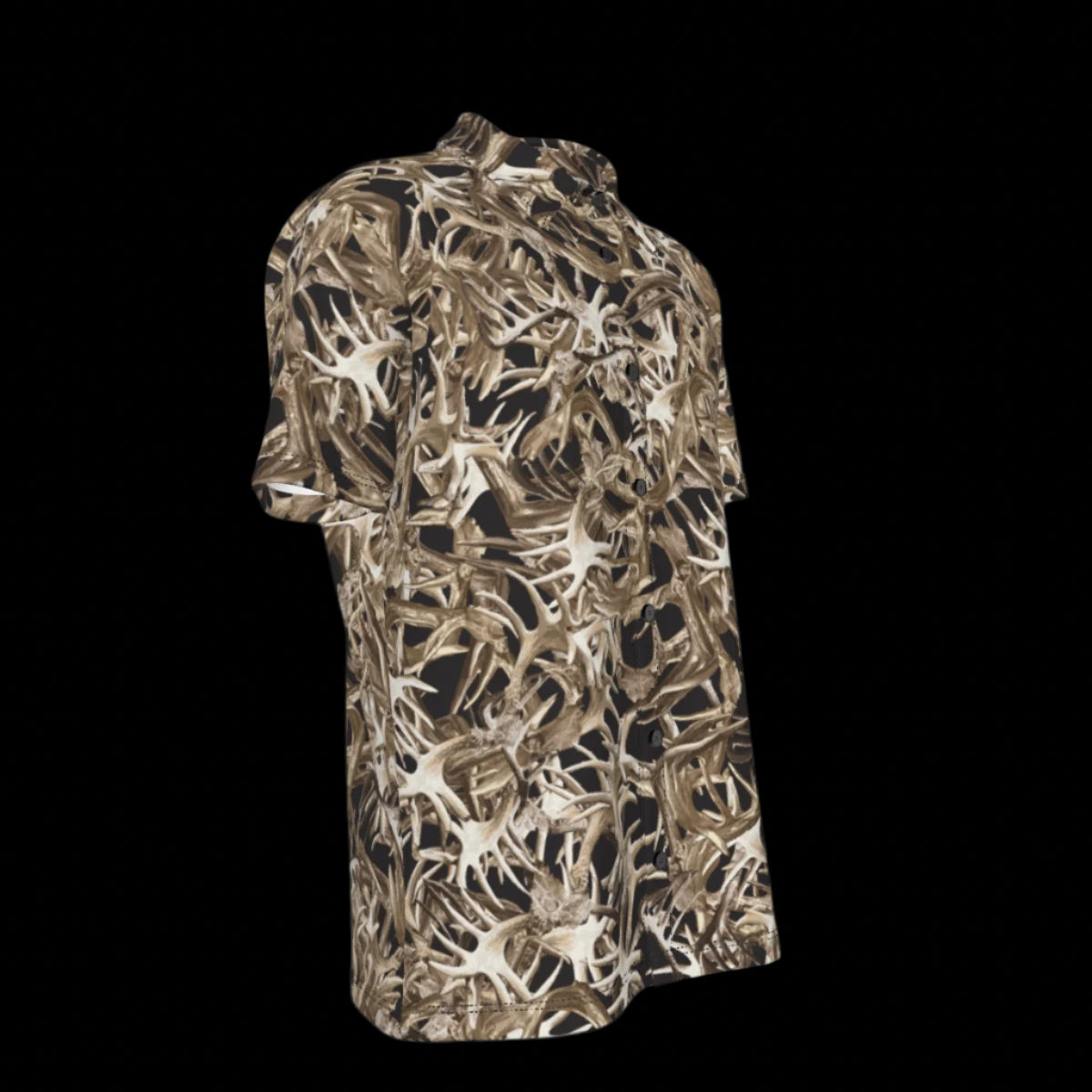 Right side of camouflage-patterned button-down shirt on a black background