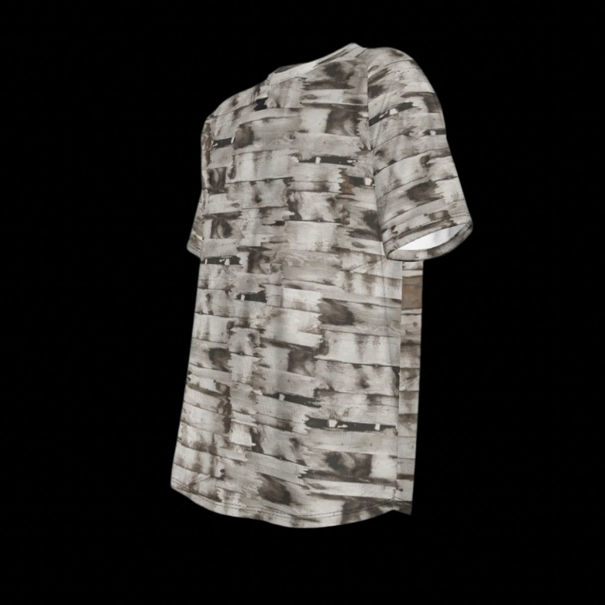 Left side of T-shirt with abstract pattern on a black background