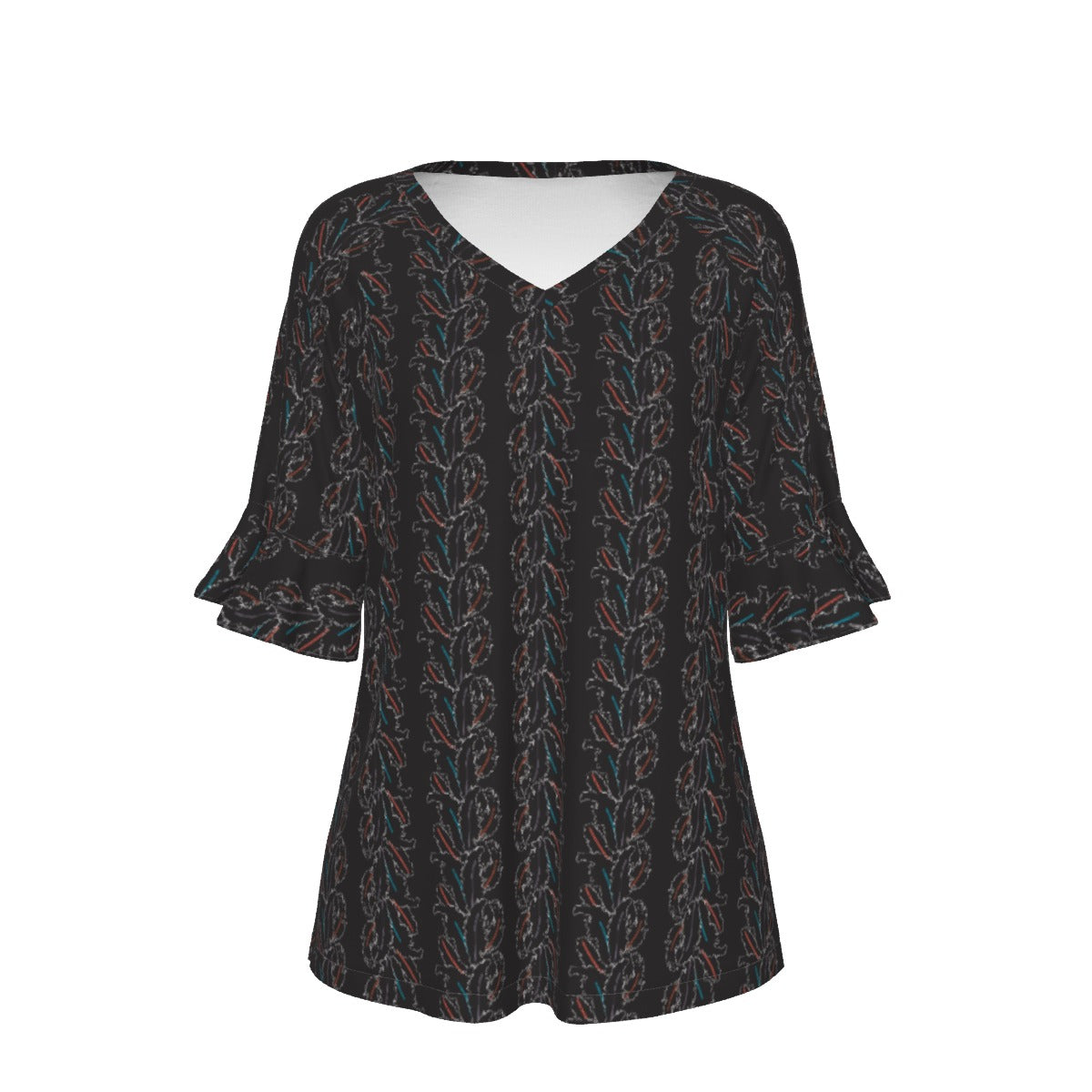 Women’s V-neck T-Shirt with Bell Sleeve / Feather Glow Design