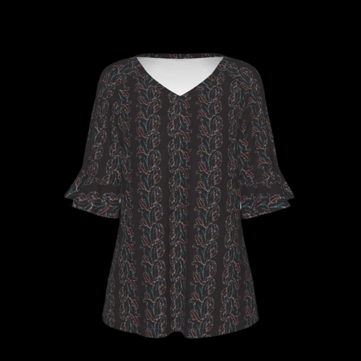 Front of black patterned blouse on a black background