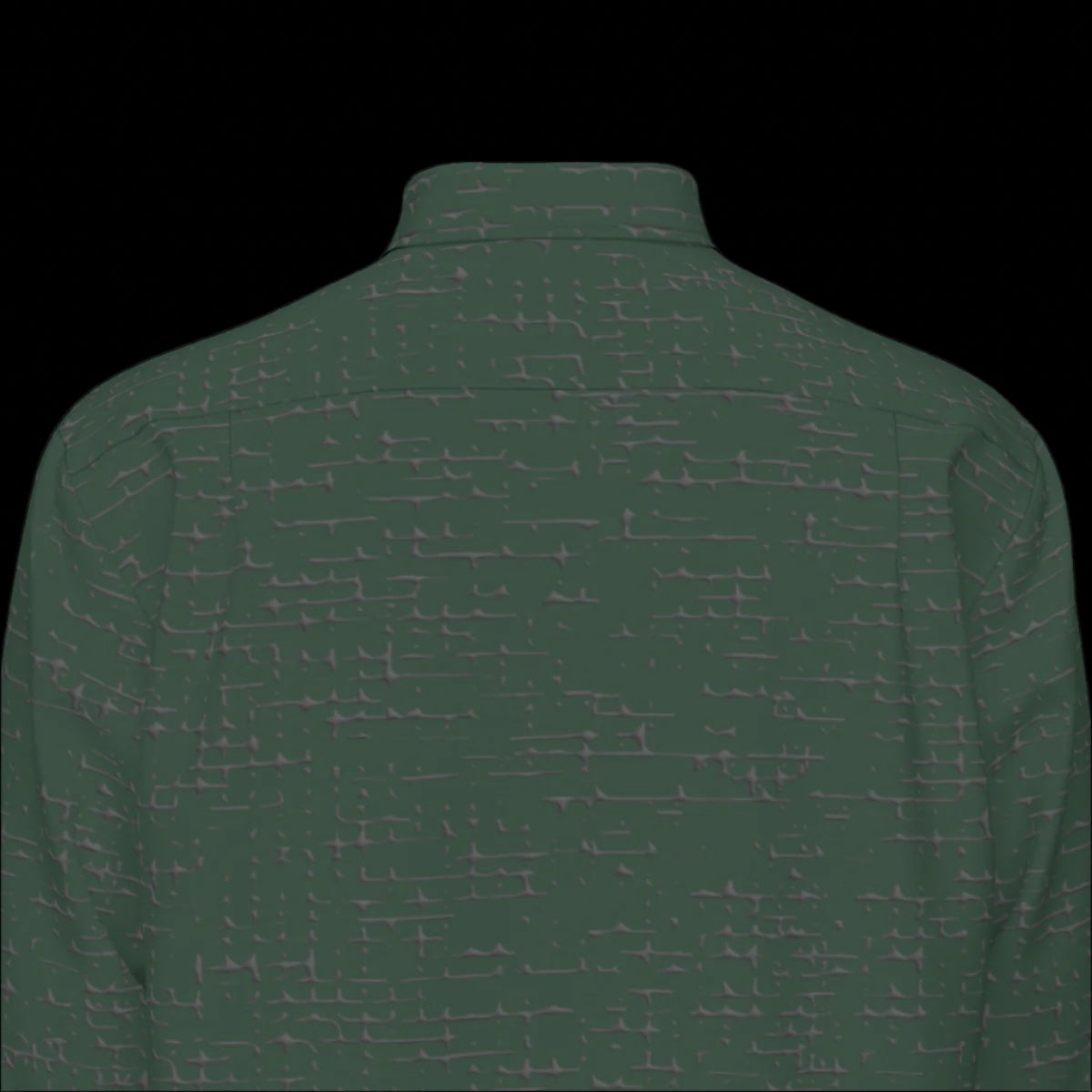 Top back of a green long sleeve shirt on a black background