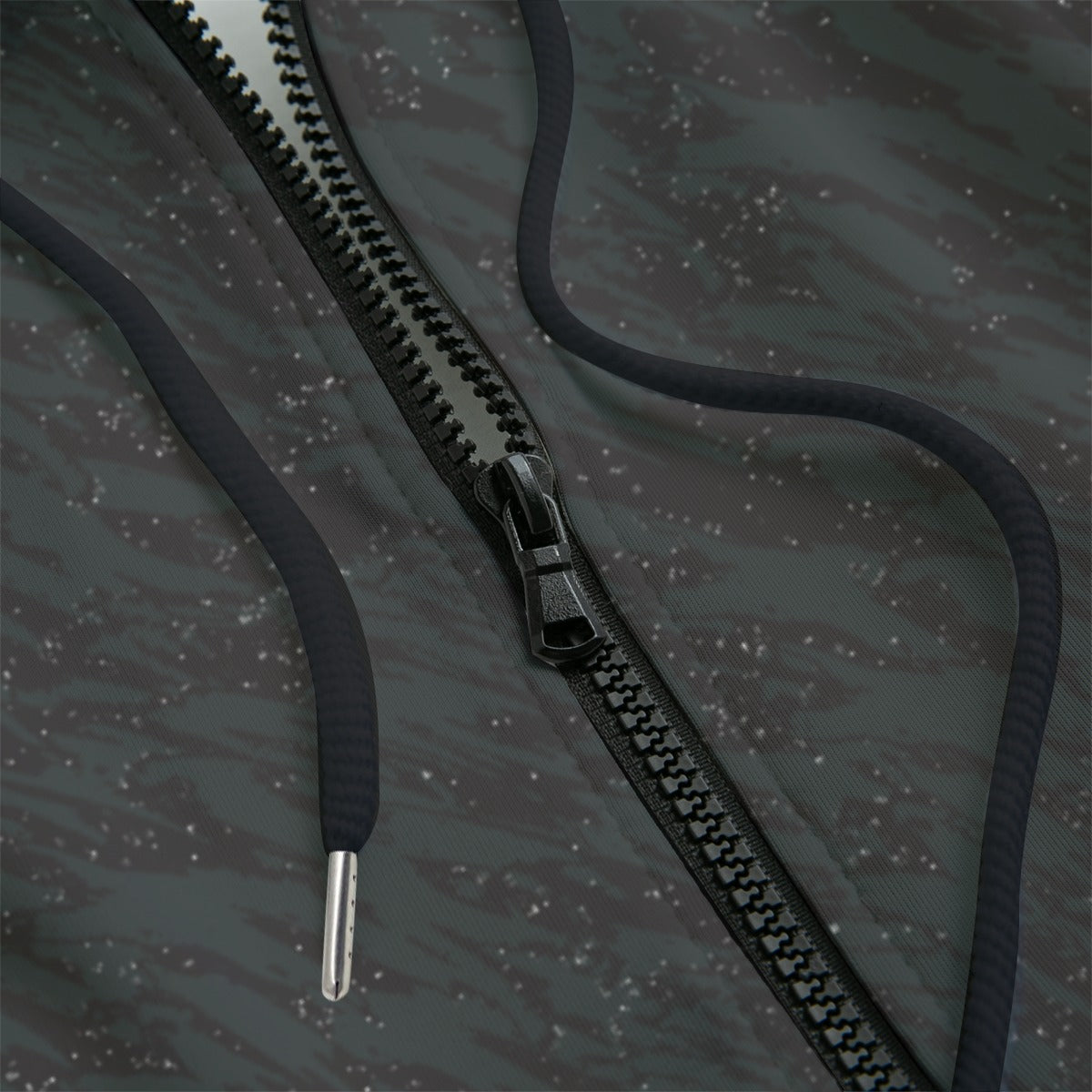 Close-up of a textured gray black zipper hoodie