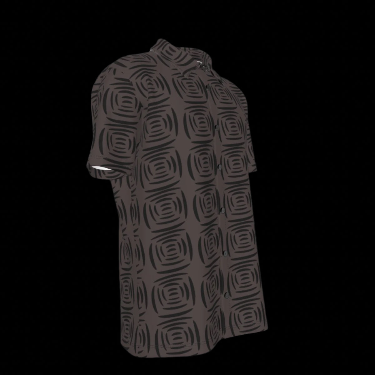 Right side of black patterned button-down shirt on a black background