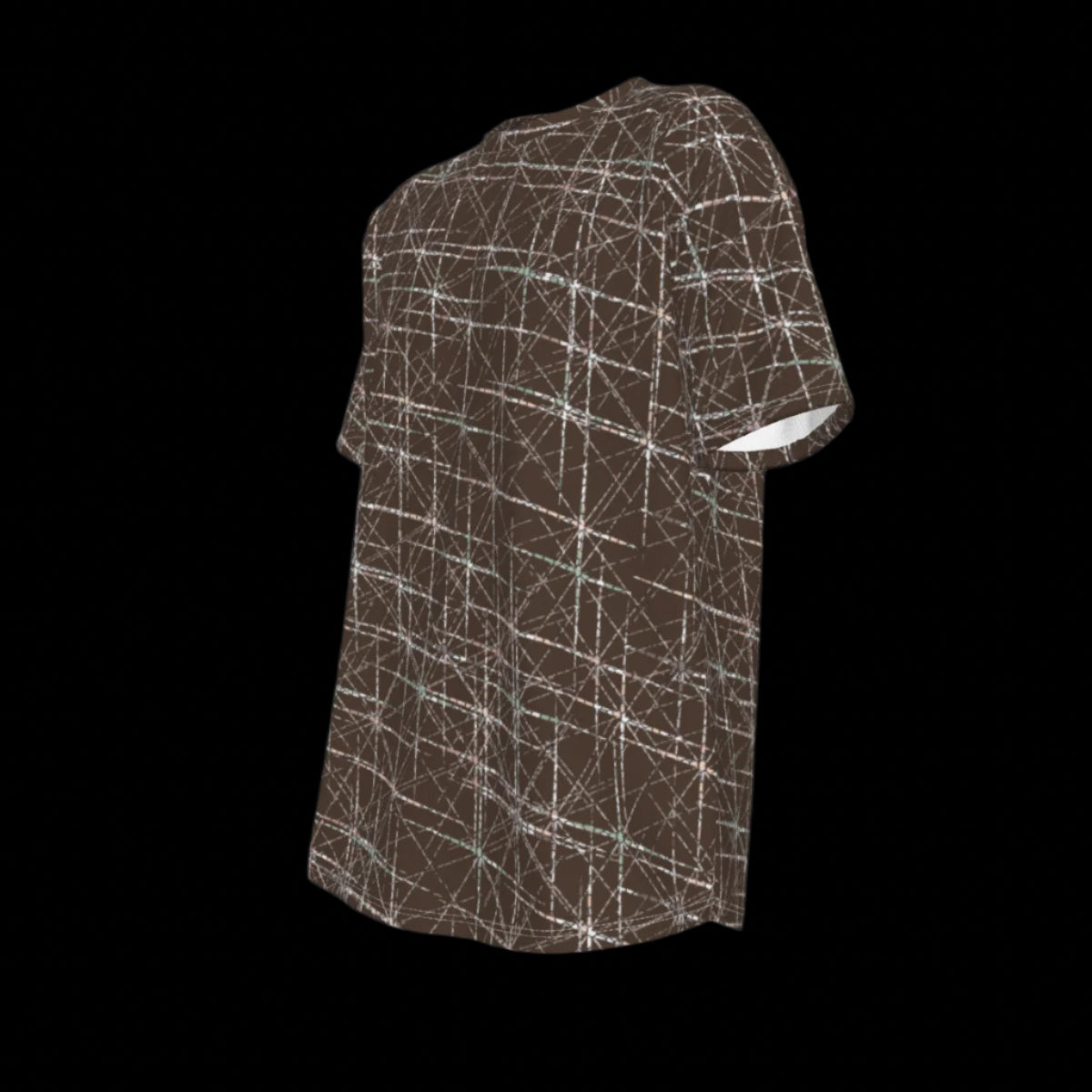 Left side of brown t-shirt with white abstract pattern on a black background