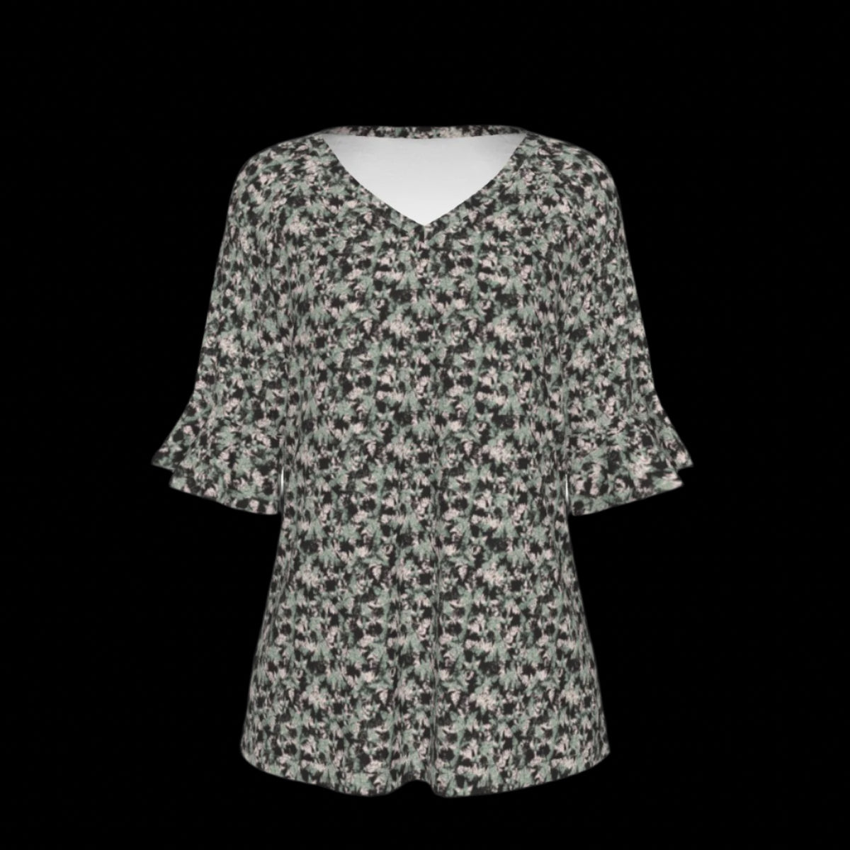 Front of floral patterned blouse on a black background