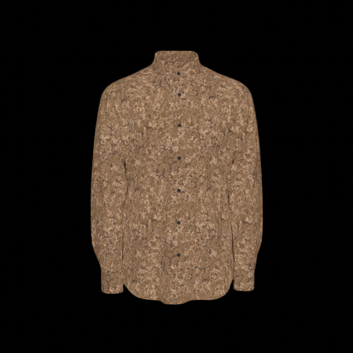 Front of brown patterned long sleeve shirt on a black background