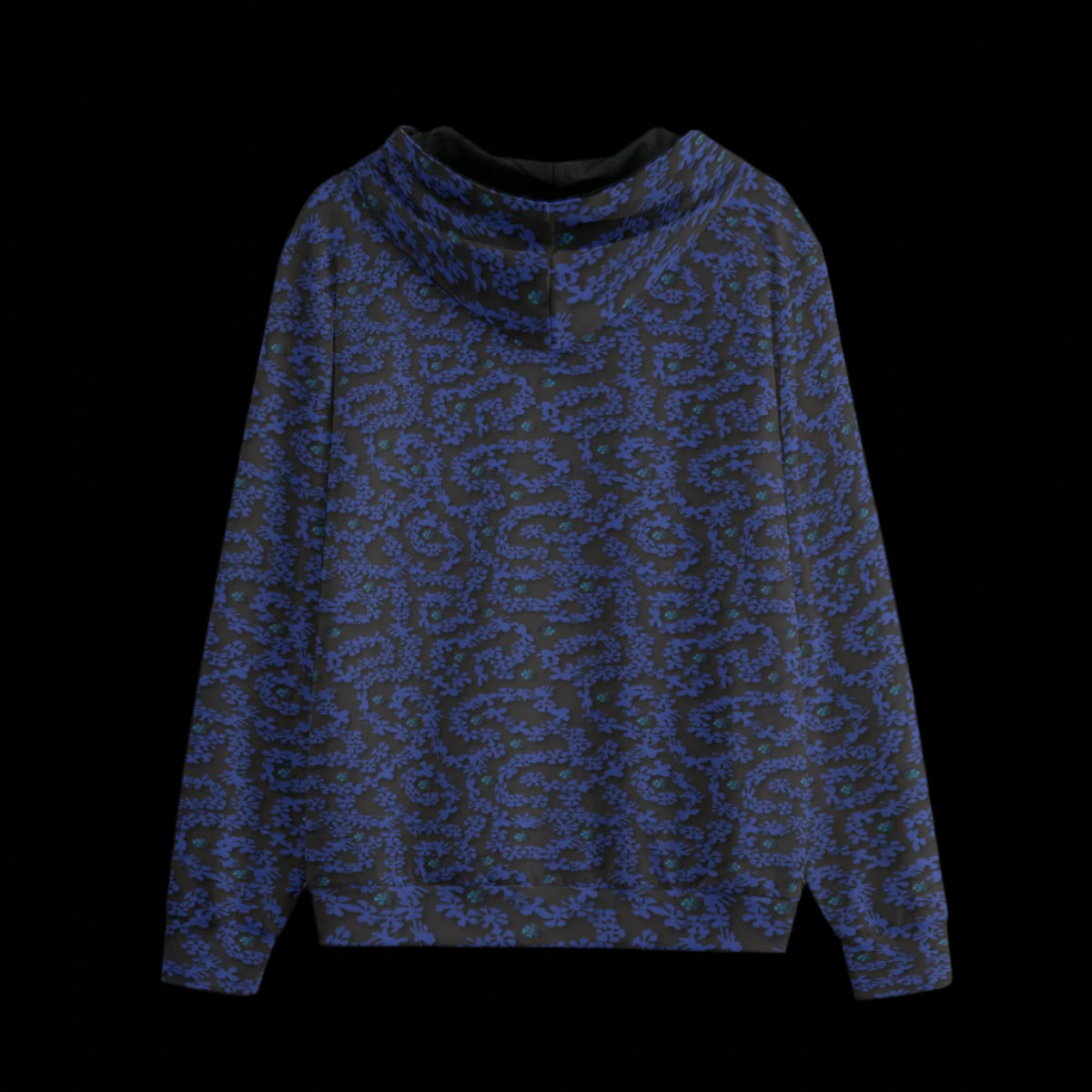 Back of Blue and black patterned hoodie on a black background