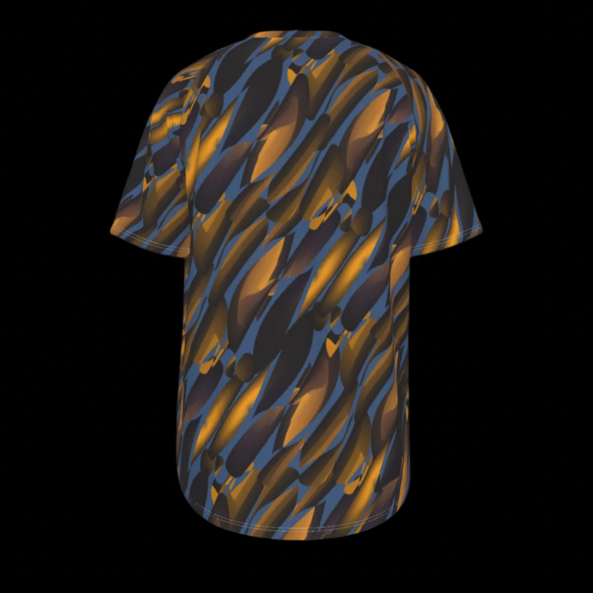 Back of T-shirt with black and orange abstract pattern on a black background