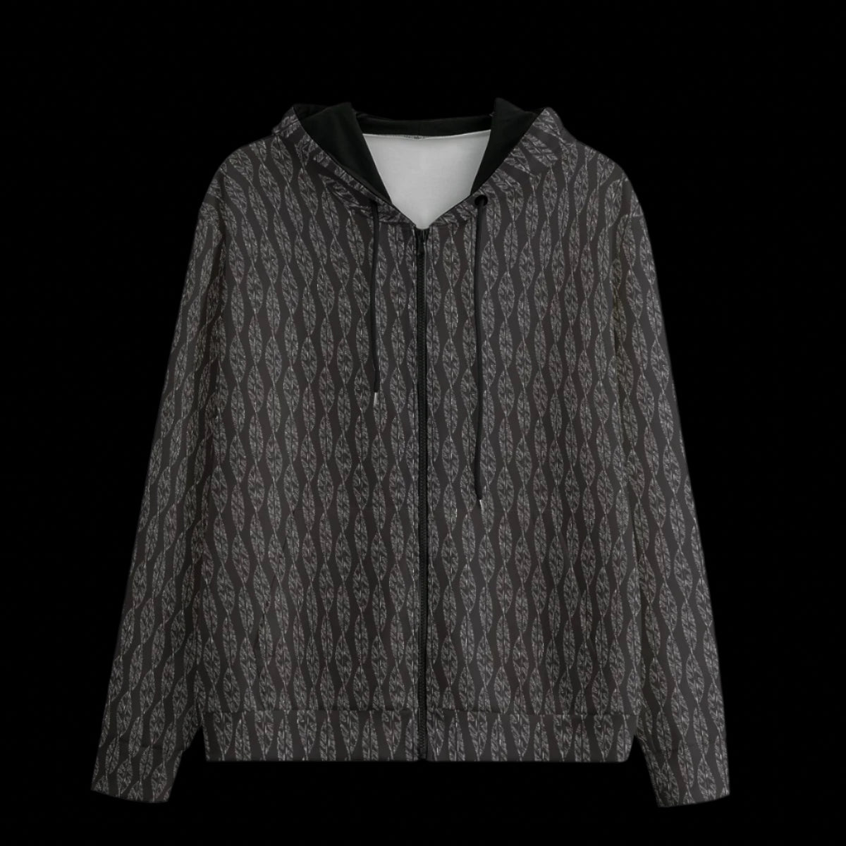 Front of black patterned hoodie on a black background