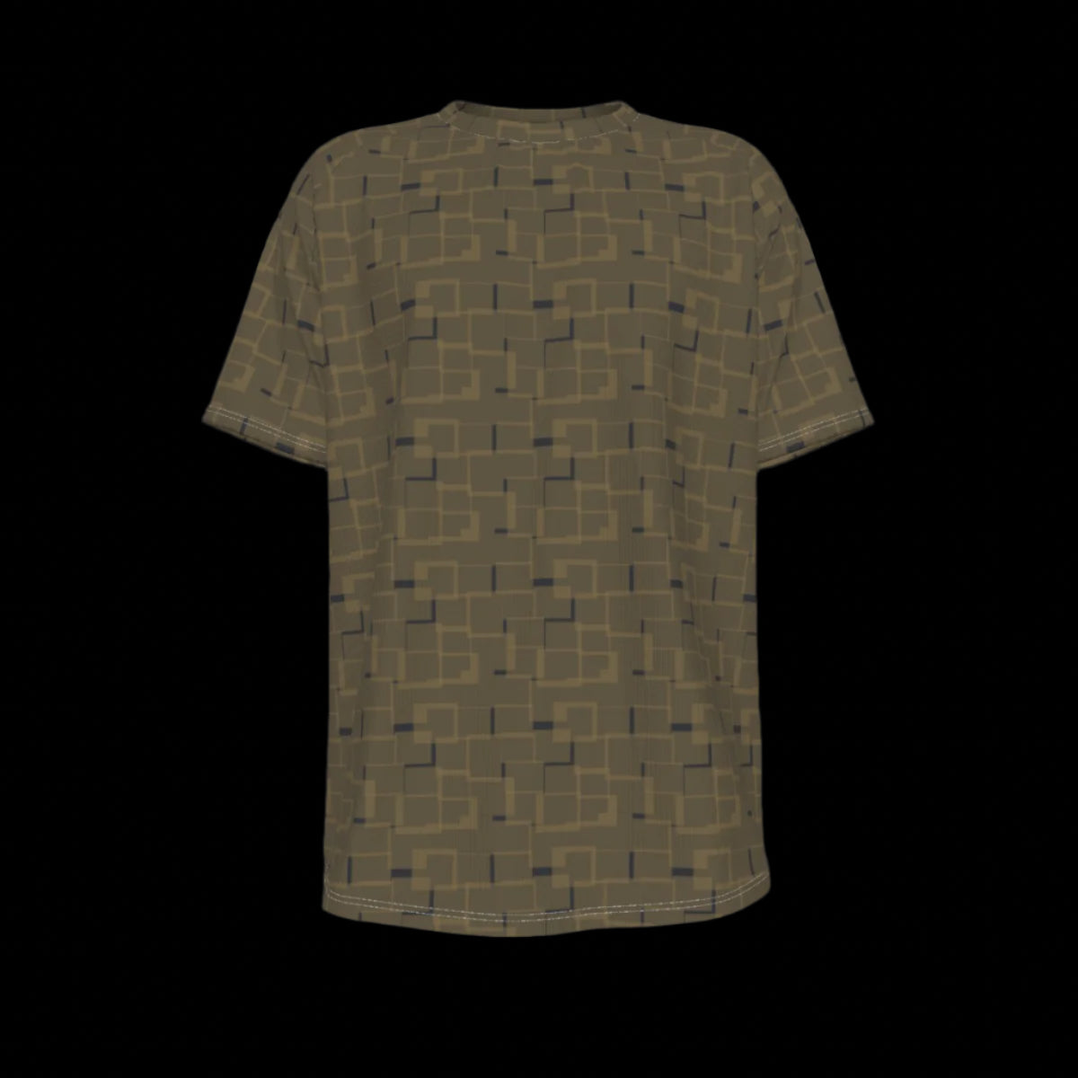 Front of green t-shirt with geometric pattern on a black background