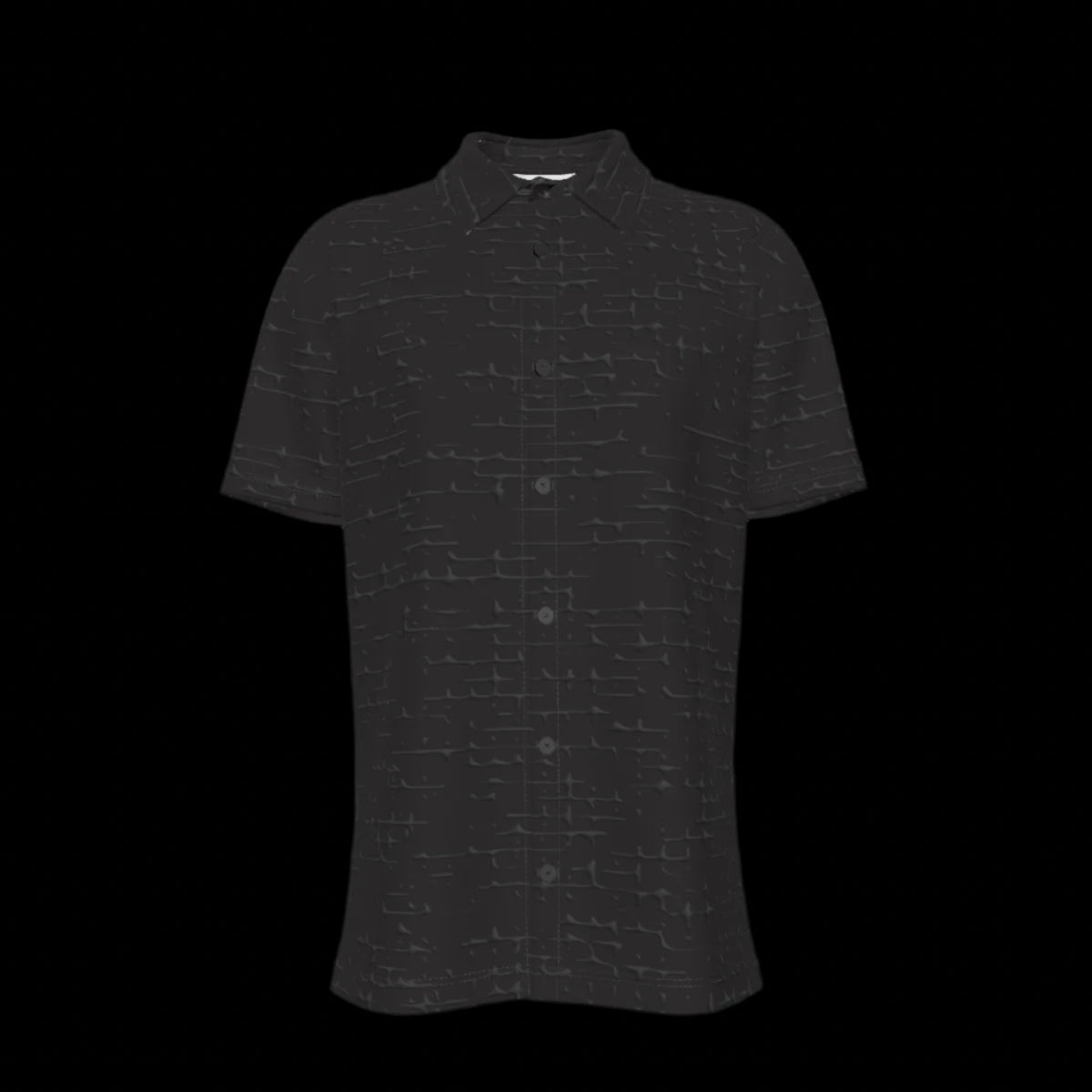Front of black short-sleeve button-down shirt with a subtle pattern on a black background
