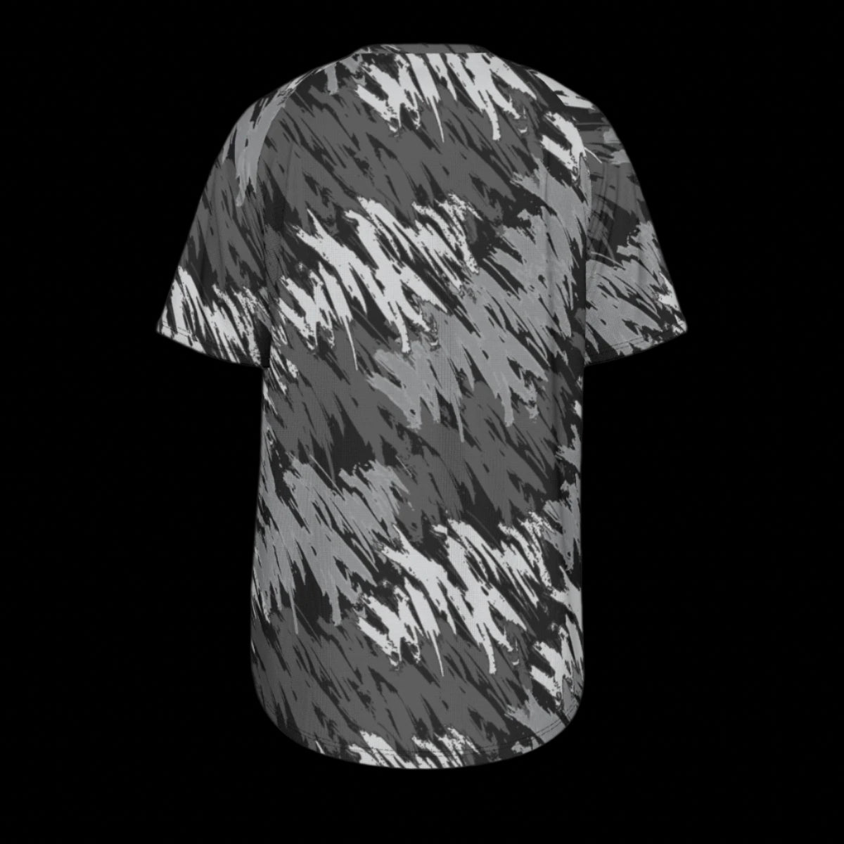 Back of black and gray patterned t-shirt on a black background