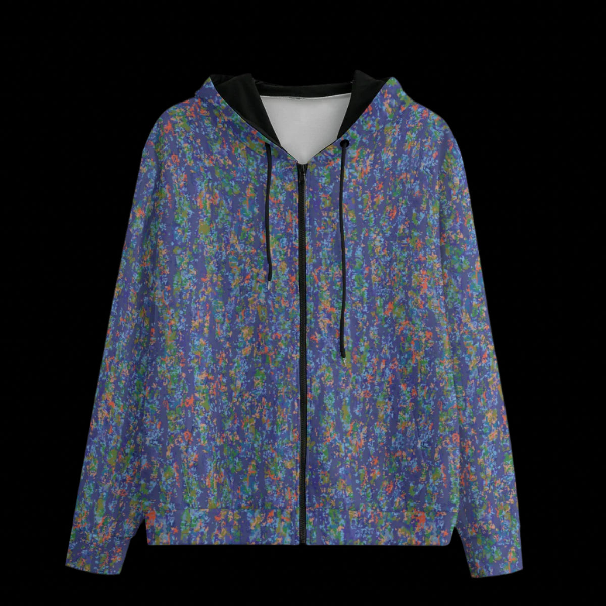 Front of a Colorful camouflage-patterned hoodie on a black background