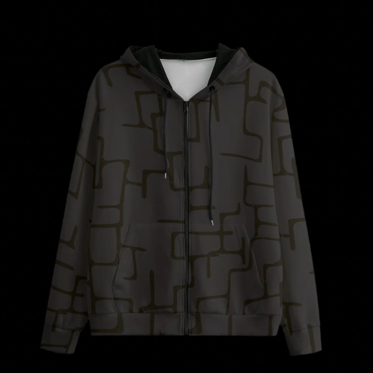 Front of dark patterned hoodie with a black background