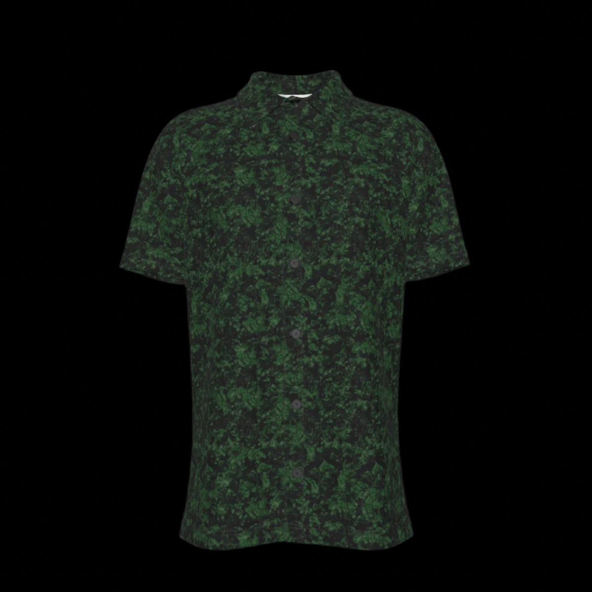 Front of a green camouflage patterned button down short sleeve shirt on a black background