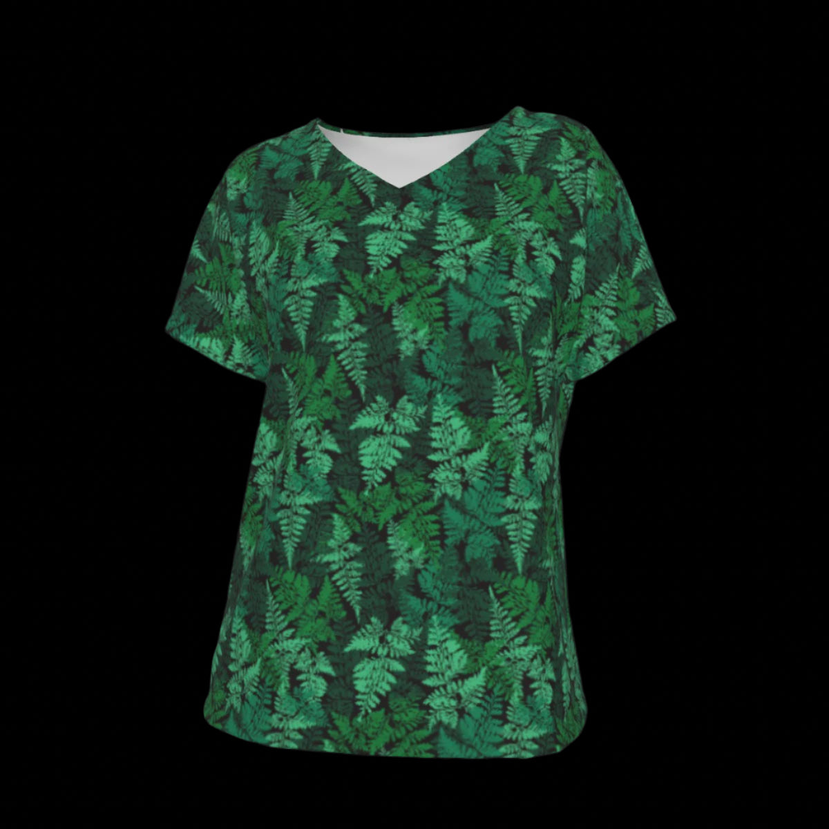 Front of green leaf-patterned V-Neck T-shirt on a black background