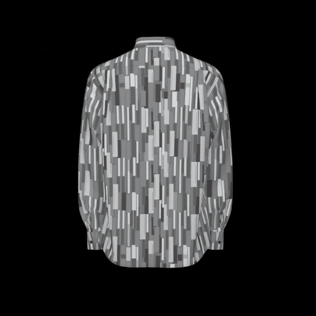 Back of grey patterned long sleeve shirt on a black background