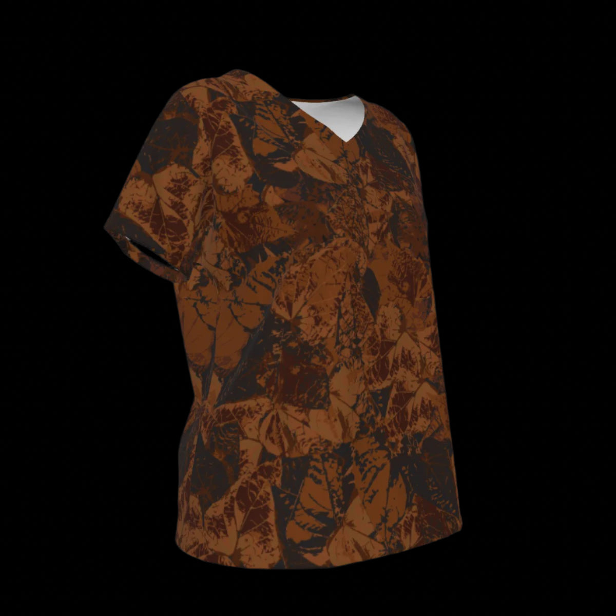 Right side of brown patterned V-Neck T-shirt on a black background