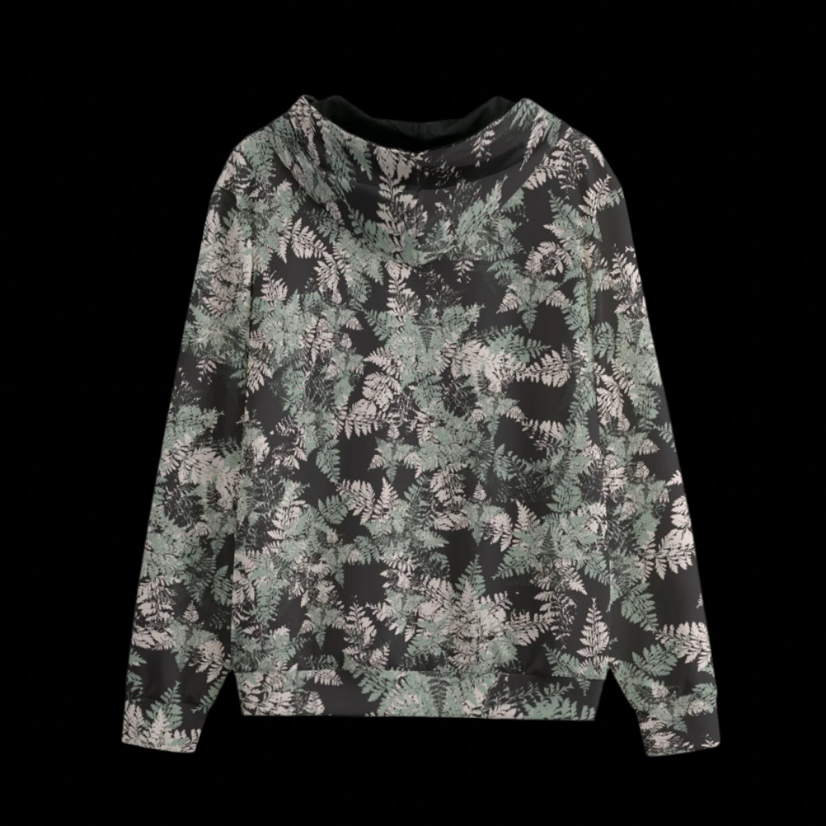 Back of hoodie with floral pattern on a black background