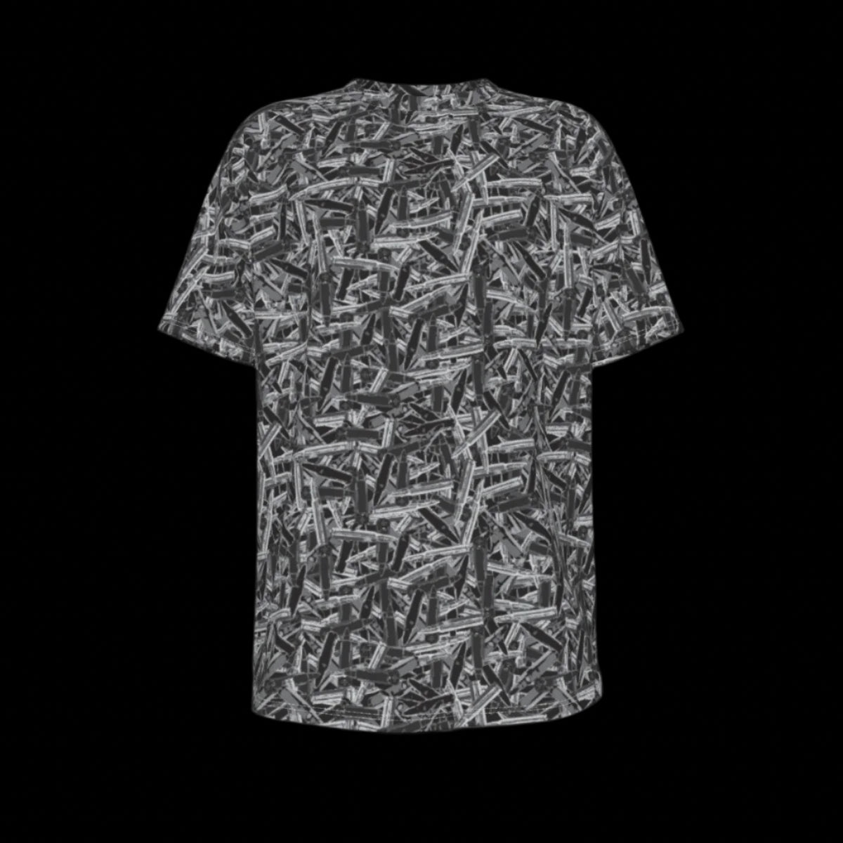 Front of black and white patterned t-shirt on a black background