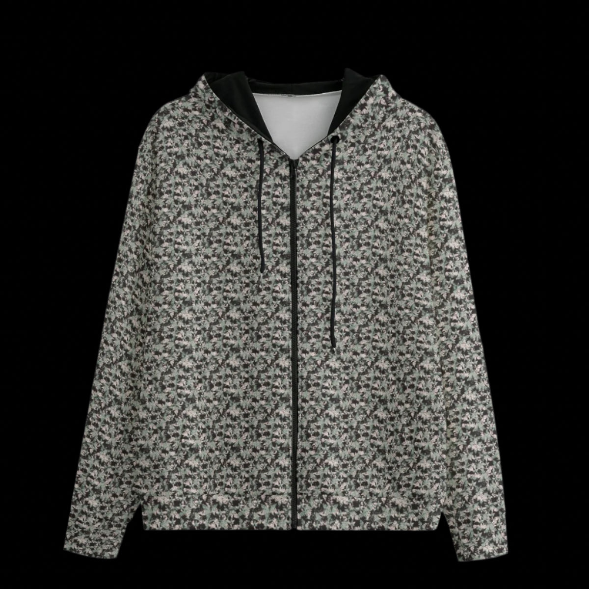 Front of Hoodie with black and white pattern on a black background