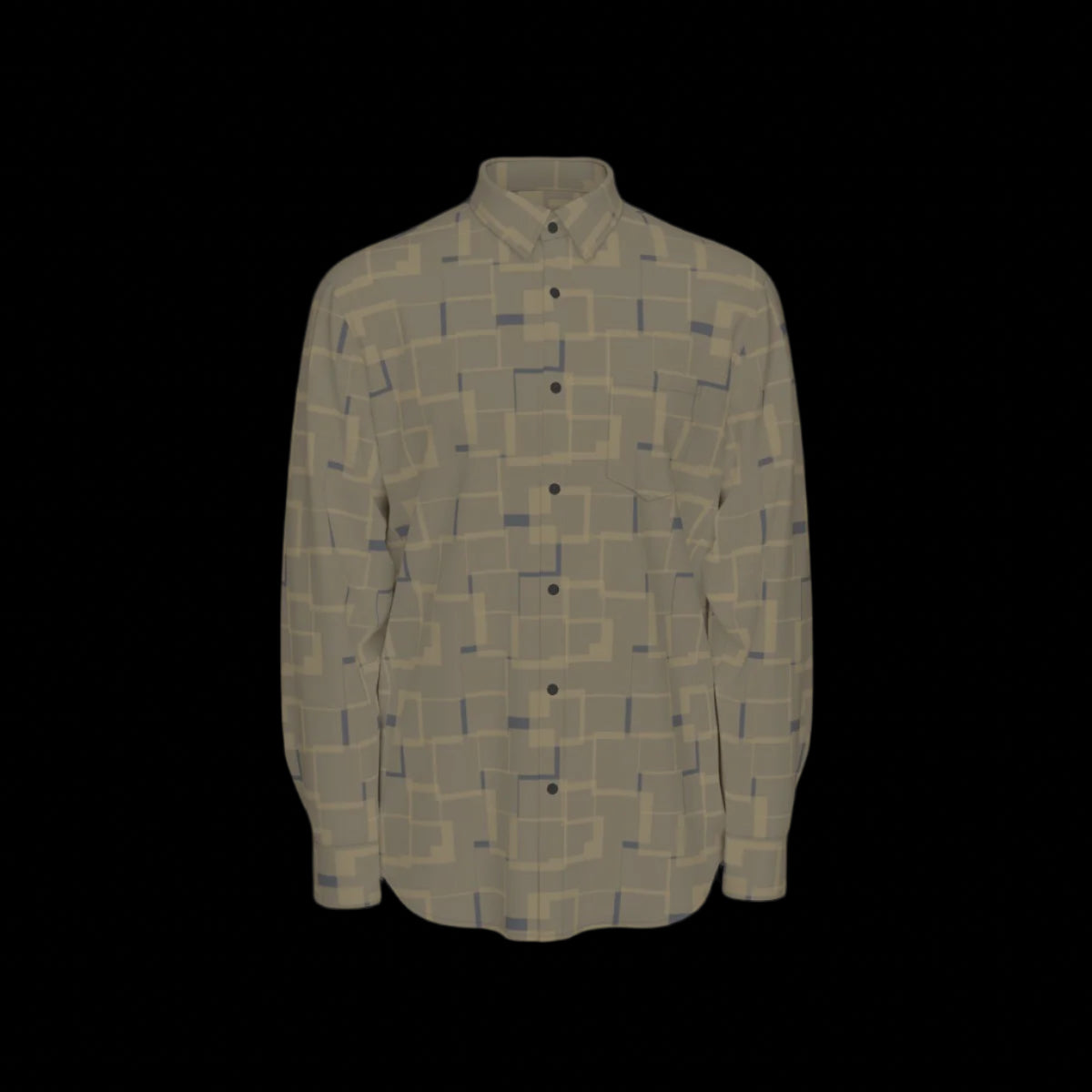 Front of green patterned long sleeve shirt on a black background