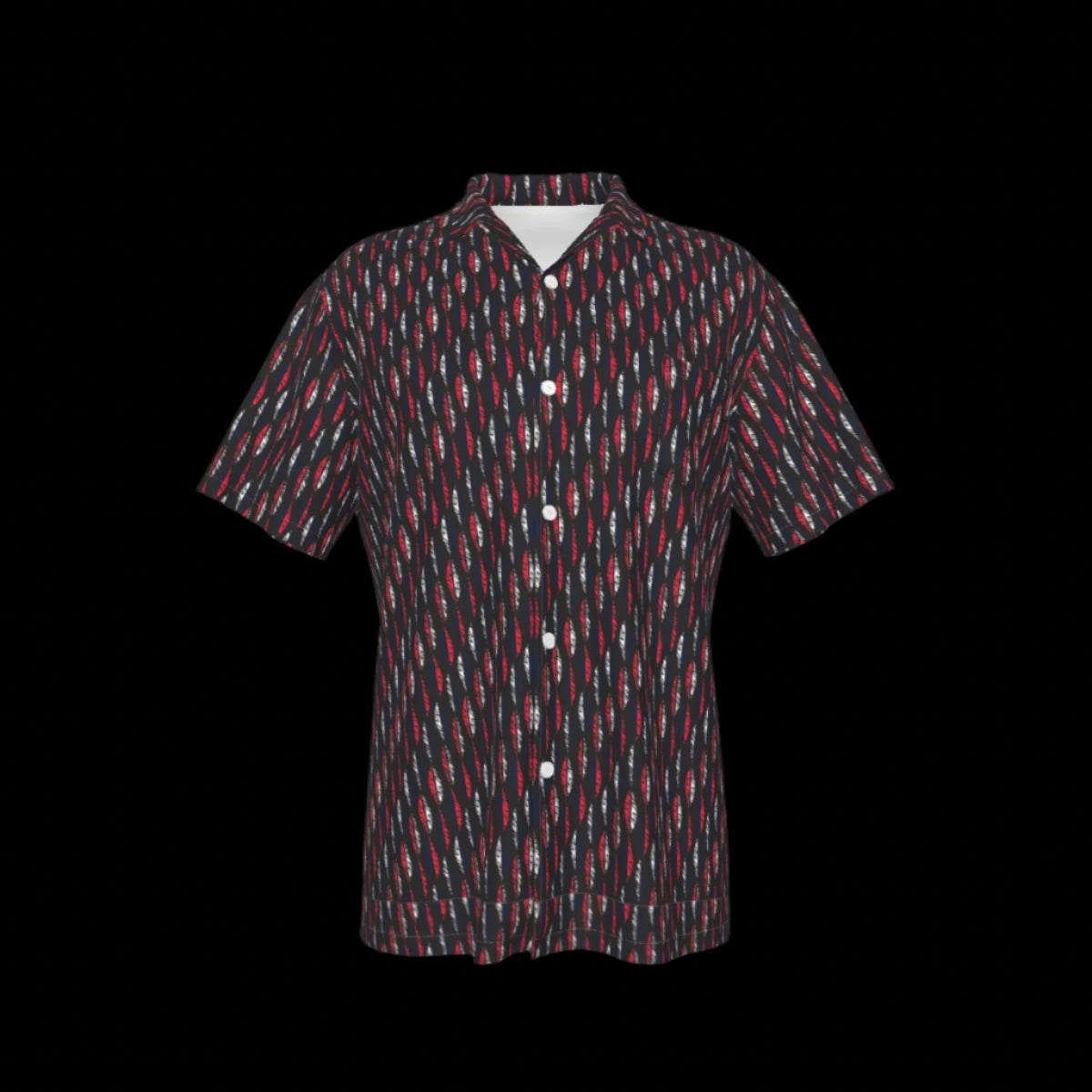 Front of a men's Hawaiian shirt with an all-over geometric print in red and black, featuring a button-up front and a collar on a black background